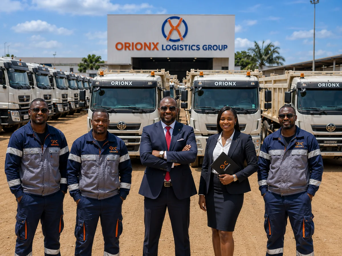 L'équipe OrionX Logistics Group devant sa flotte de camions bennes au siège d'Abidjan