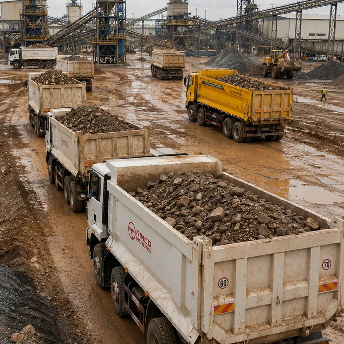 Camions bennes OrionX en évacuation de stériles sur un site minier