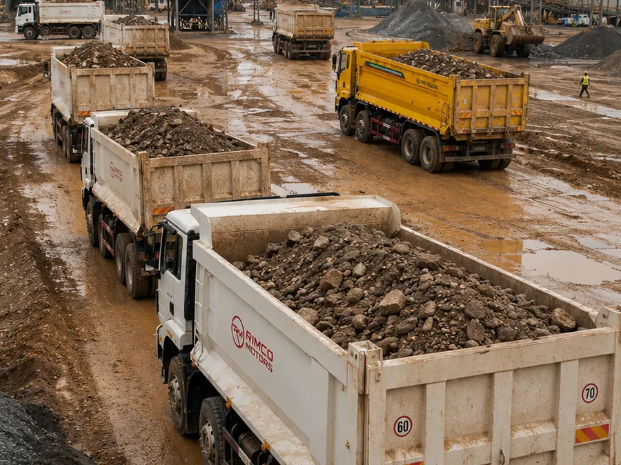 Camions bennes OrionX chargés de latérite sur une carrière en Côte d'Ivoire