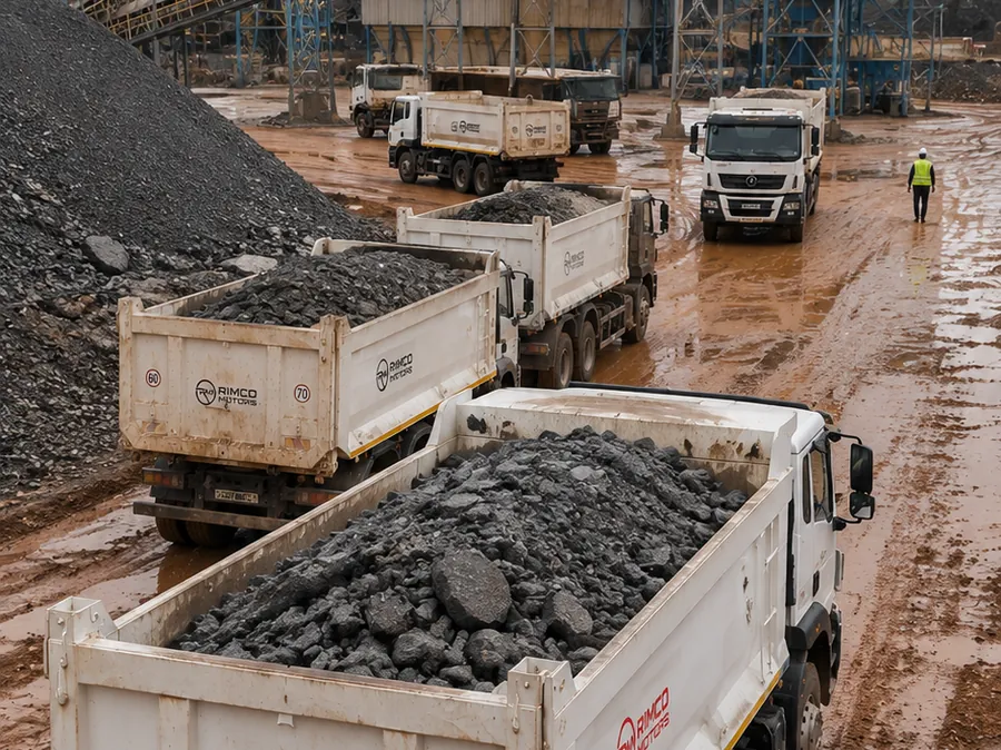 Camions bennes OrionX chargés de minerai à la sortie d'un concasseur